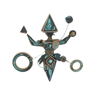Um modelo 3D de uma mística divindade totem, formada por formas geométricas com linhas de neon ciano e dourado, sobre um fund