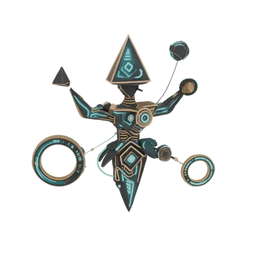 A 3D model of a mystical totem deity, formed from geometric shapes with glowing cyan and gold neon lines, set against a white