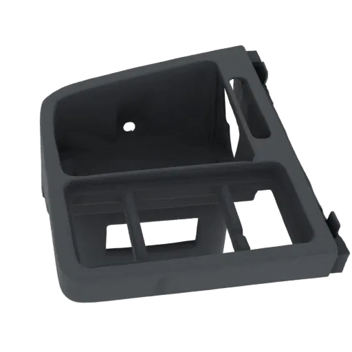 3D model of a dark gray car interior storage tray with multiple compartments and slots, shown from an angled perspective.