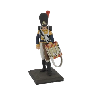 3D model of a French drummer boy in uniform, holding a drum, standing on a textured base.