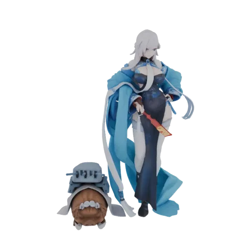 3D model of an elegant anime character with long silver hair, wearing a dark blue dress and a flowing light blue robe, holdin