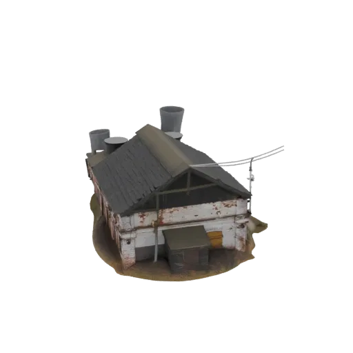3D model of a weathered old Soviet factory warehouse with a damaged roof and cooling towers.