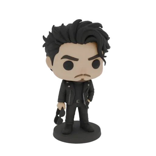 3D model of a stylized man with dark hair, wearing a black leather jacket and holding sunglasses, in a bobblehead style.