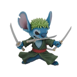 3D-Modell von Stitch aus Lilo & Stitch, verkleidet als Roronoa Zoro aus One Piece, der drei Katanas in Kampfhaltung hält.