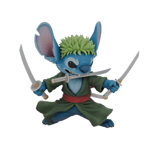 Modèle 3D de Stitch (Lilo & Stitch) déguisé en Roronoa Zoro (One Piece), tenant trois katanas en position de combat.