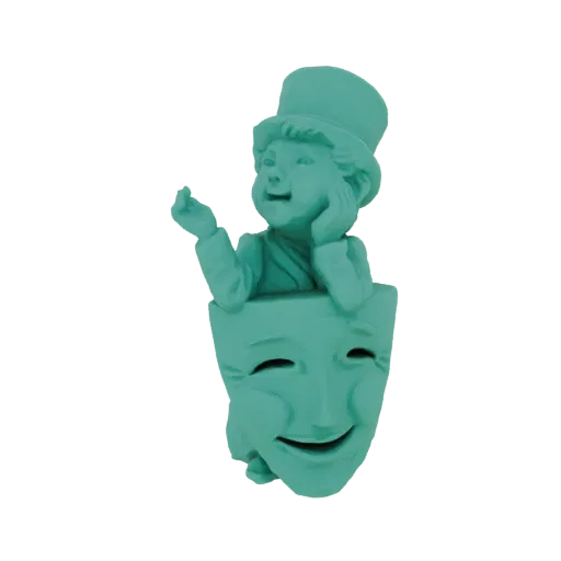 3D model of a teal-colored boy in a top hat emerging from a smiling theater mask, with his hand on his cheek.
