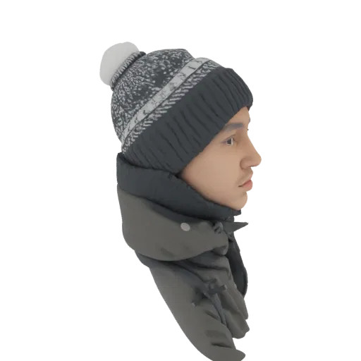 Modelo 3D de pessoa usando gorro de inverno de malha cinza escuro com pompom branco e cachecol combinando.