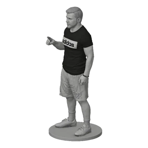 3D model of a male coach wearing an Adidas t-shirt and shorts, pointing forward with his right index finger, standing on a ci