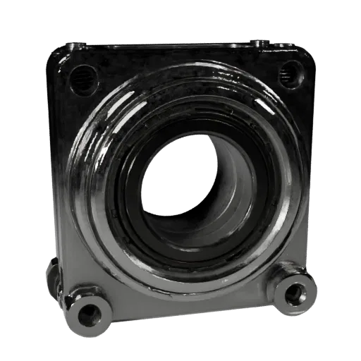 Machined Bearing Block Product Viz 3D model, three-quarter studio product render, showing machined metal, form detail.
