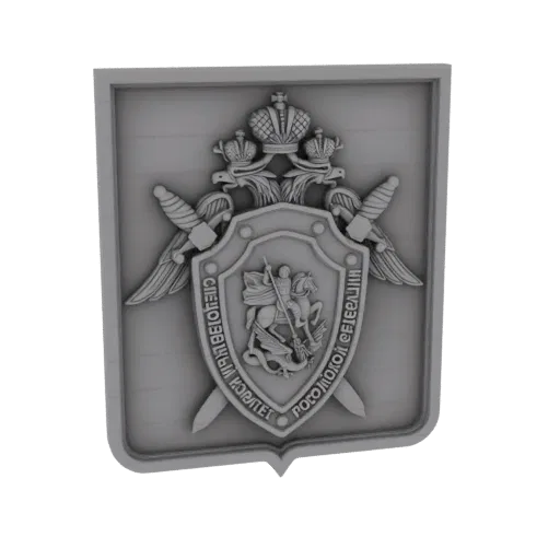 3D model render of the Russian Investigative Committee emblem, featuring a double-headed eagle and St. George slaying a drago