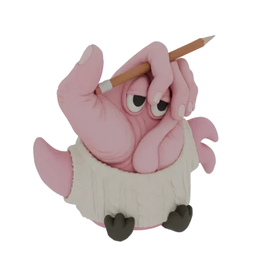 3D-Modell einer pinken Knet-Hand mit großen Augen, die einen Bleistift an die Stirn hält und einen cremefarbenen Strickpullov