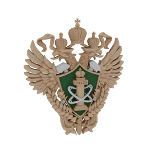 3D model render of the Russian double-headed eagle emblem with two crowns and a central shield, set against a black backgroun