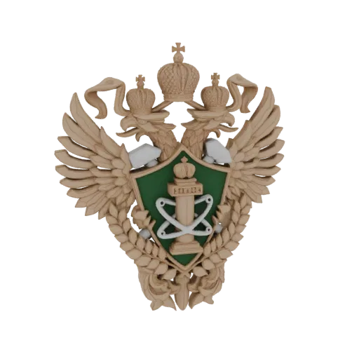 3D model render of the Russian double-headed eagle emblem with two crowns and a central shield, set against a black backgroun