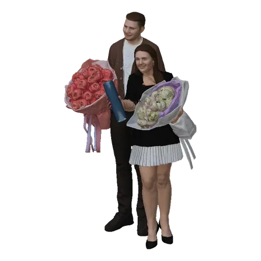 3D model of a smiling graduation couple, a man holding pink roses and a woman holding a diploma and white flowers.