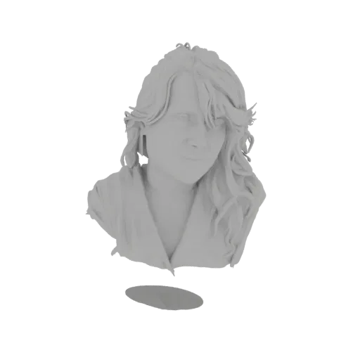 3D model render of a woman's bust sculpture with flowing hair and a serene expression, presented on a white background.