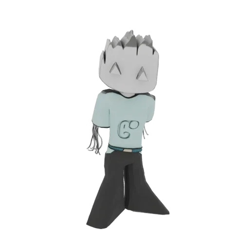 3D render of a cute chibi robot with spiky gray hair, light blue t-shirt, and dark pants, standing against a white background.