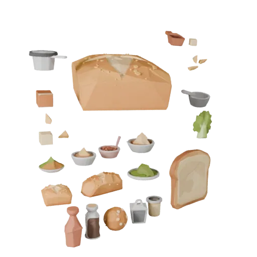 Bread Loaf Low Poly 3D model, game viewport three-quarter view, showing powders, small ingredient shapes.