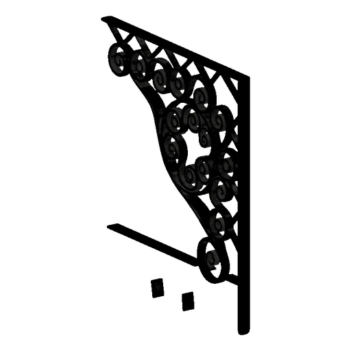 3D model of an ornate black metal shelf bracket with intricate scrollwork and a central circular design, against a black back