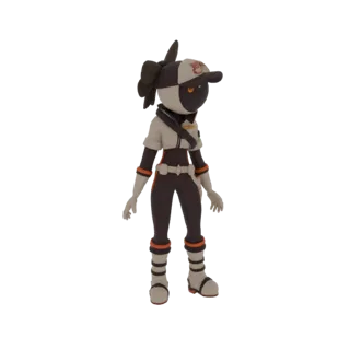 3D model of a futuristic delivery character wearing a cap and a dark brown and cream uniform with orange accents.