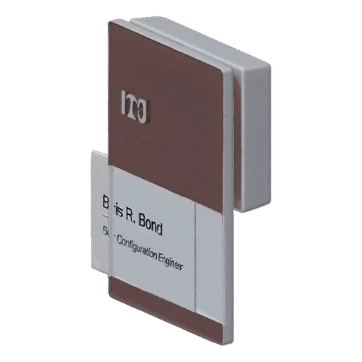 3D model of a modern office door name plate with brown and silver sections, displaying text and braille.