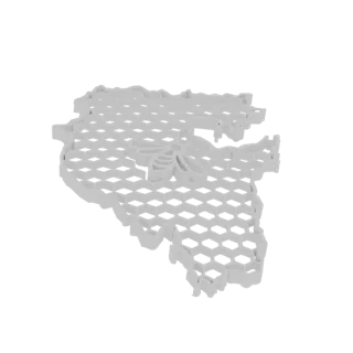 3D render of a white cookie cutter shaped like a bee within a honeycomb pattern, isolated on a white background.