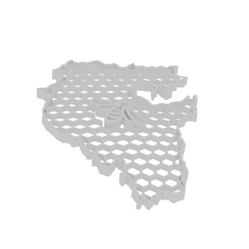 3D render of a white cookie cutter shaped like a bee within a honeycomb pattern, isolated on a white background.