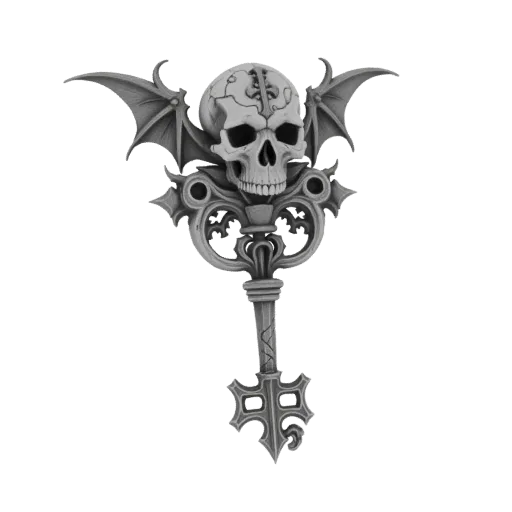 3D model render of a gothic key with a skull and bat wings, featuring intricate details and a dark fantasy aesthetic.