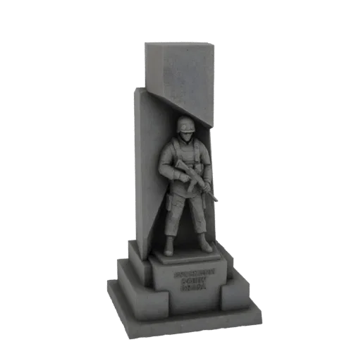 Rendu 3D d'un monument de soldat moderne avec une figurine détaillée et une structure abstraite en pierre.