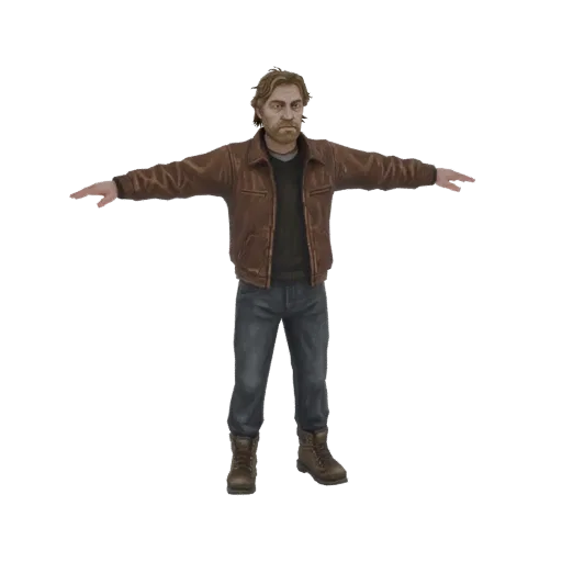 3D model of a man with brown hair and beard, wearing a brown leather jacket, dark jeans, and boots, in a T-pose against a whi