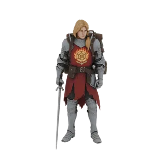 3D model of a knight in silver armor with a red tabard featuring a rose emblem, carrying a backpack and holding a sword.