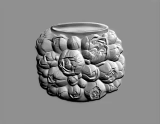 Modello 3D di bassorilievo di rose barocche, raffigurante fiori lussureggianti su sfondo grigio.