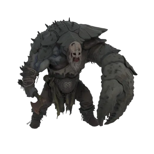 3D model of a fearsome Viking giant with a horned helmet, holding an axe and a large crab claw.