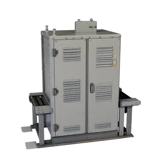 Inspection Control Cabinet Stylized 3D model, stylized isometric render, showing painted steel, machine stations.