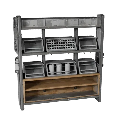 Mechanic Parts Rack Stylized 3D model, stylized isometric render, showing steel frames, stable fixtures.