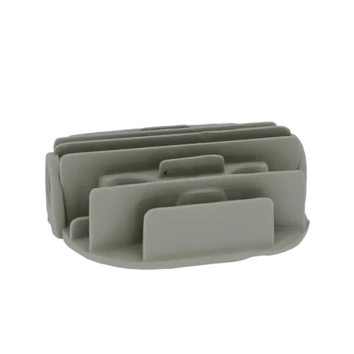 3D model of a rectangular heat sink fin with multiple parallel cooling fins, rendered in a neutral gray material.