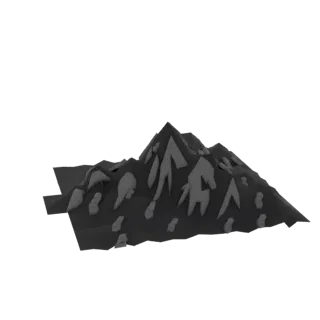 A low-poly 3D model of a jagged mountain range with sharp peaks and a dark, rocky texture, set against a white background.