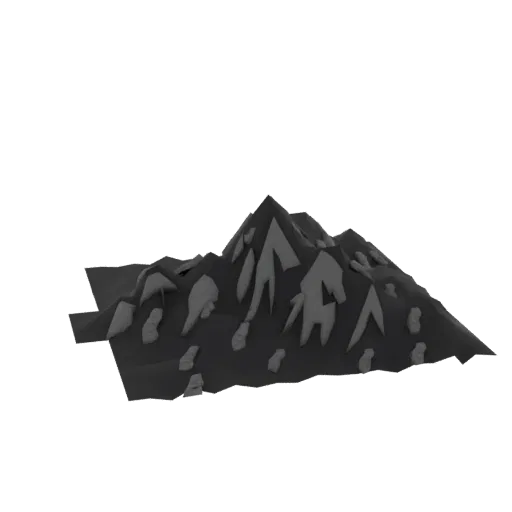 A low-poly 3D model of a jagged mountain range with sharp peaks and a dark, rocky texture, set against a white background.