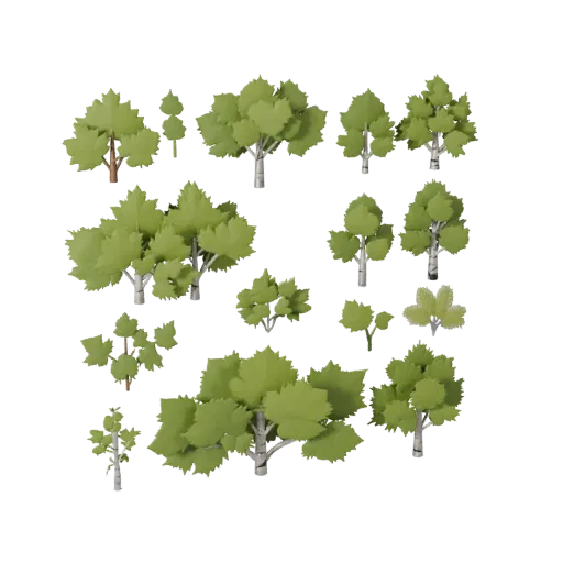 Birch Grove Set Modular 3D model, isometric modular kit view, showing leaf clusters, layered vegetation clusters.