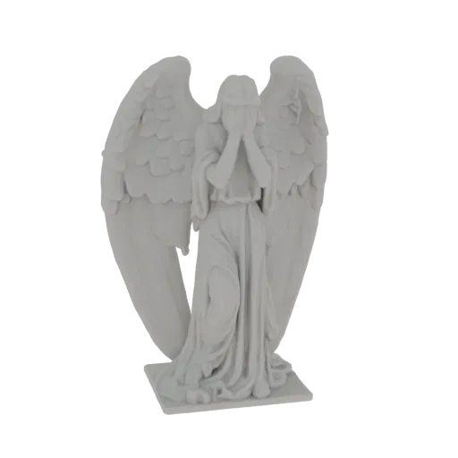 3D model of a white marble weeping angel statue with wings spread, covering its face in sorrow.