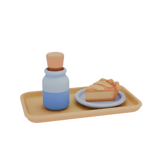 3D-Modell Flasche mit Kuchen auf Tablett, stilisiert als Tonfigur