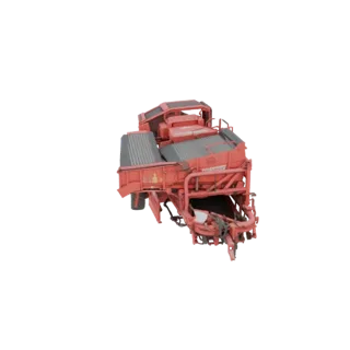 3D model of a red agricultural harvester with a complex mechanical structure and harvesting attachments.