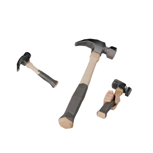 Clean Hammer Low Poly 3D model, game viewport three-quarter view, showing painted metal, functional silhouettes.