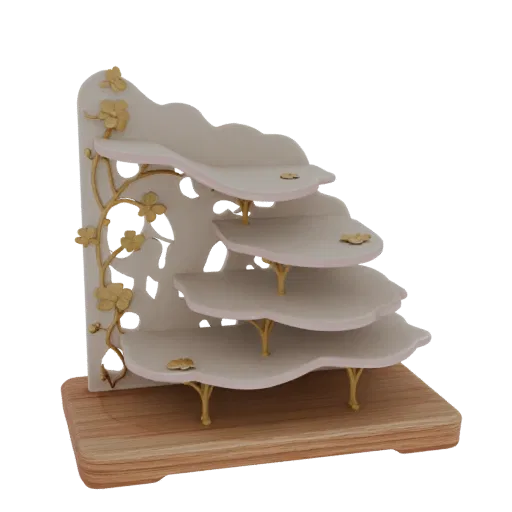 Fairycore desk organizer 3D model with wooden base, petal-shaped shelves, and golden floral decorations.