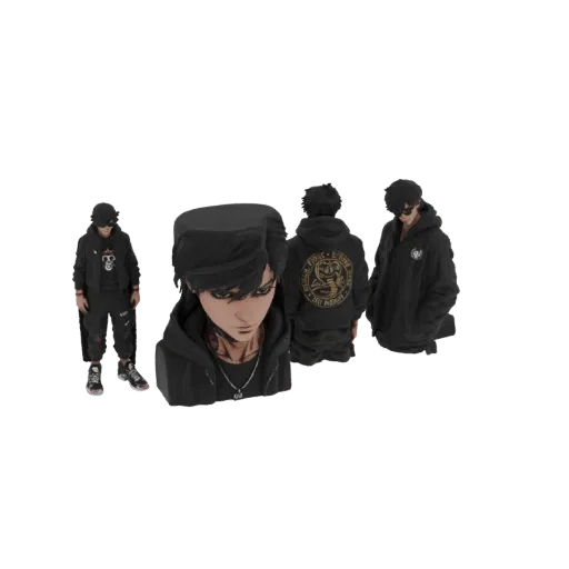 3D-Modell eines Anime-Charakters mit schwarzem Hoodie, von mehreren Seiten gezeigt.
