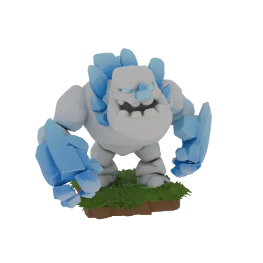 Modelo 3D de um Golem de Gelo estilizado com fragmentos de cristal azul, sobre uma base gramada, renderizado sobre fundo bran