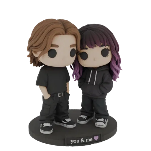 3D model of a cute couple figurine with brown hair and purple-tipped hair, wearing black outfits, standing on a base that say