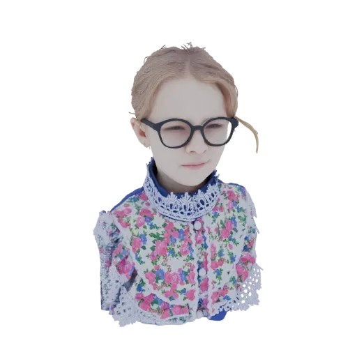 3D model render of a young girl with blonde hair, wearing round glasses and a floral dress with white lace trim.