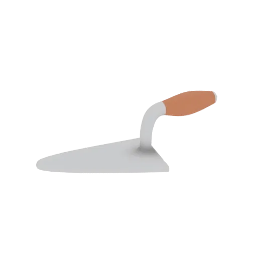 3D-Modell einer Metallkelle mit gebogener Klinge und einem hellbraunen ergonomischen Griff, isoliert auf weißem Hintergrund.