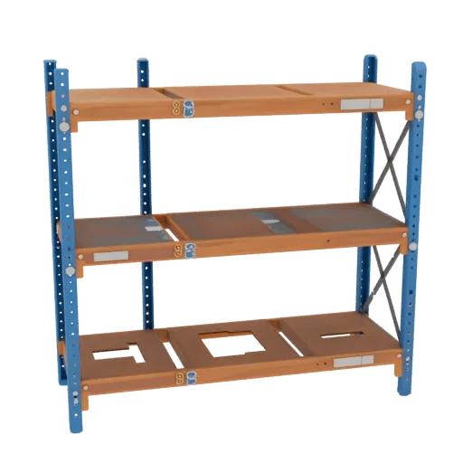 3D model warehouse rack with blue metal uprights and three wooden shelves, front view