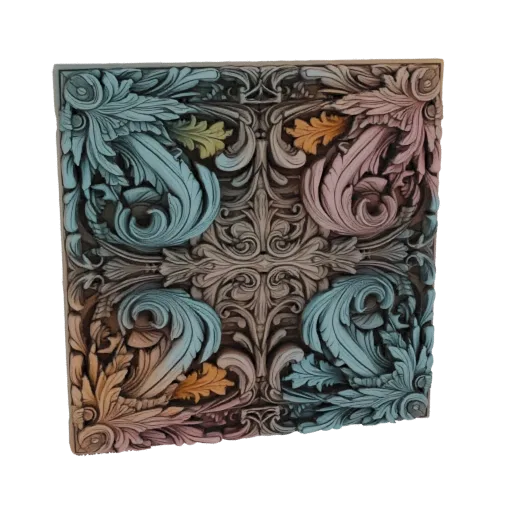 3D model of a square decorative panel with intricate acanthus leaf carvings in pastel blue, pink, and yellow.